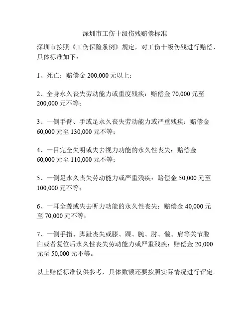 深圳市工伤十级伤残赔偿标准