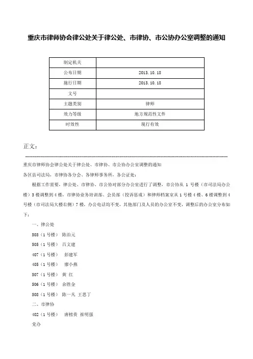 重庆市律师协会律公处关于律公处、市律协、市公协办公室调整的通知-