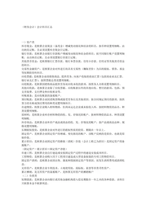 2020年(财务会计)会计科目汇总