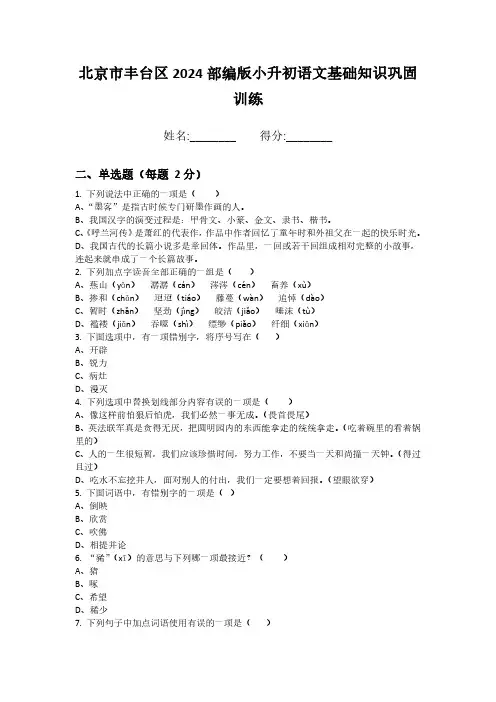 北京市丰台区2024部编版小升初语文基础知识巩固训练