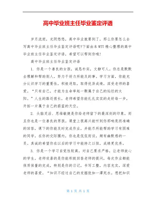 高中毕业班主任毕业鉴定评语