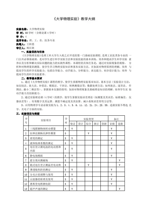大学物理试验教学大纲