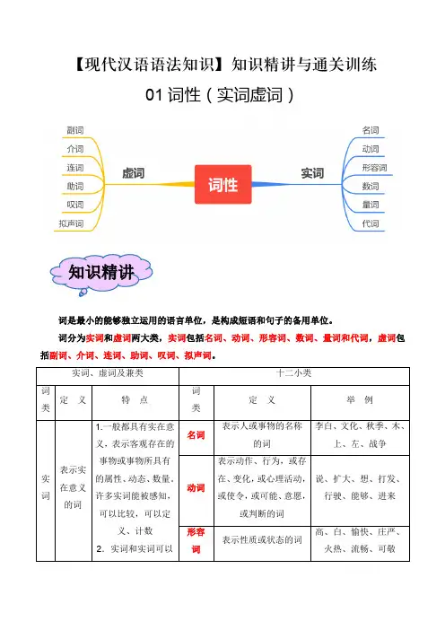01 词性(实词虚词)-【语法宝典】高中语文现代汉语语法知识精讲与通关训练(全国通用)(原卷版)