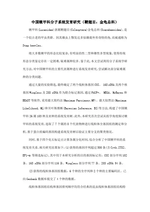中国锹甲科分子系统发育研究(鞘翅目：金龟总科)