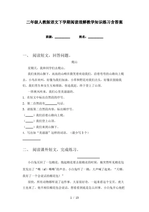 二年级人教版语文下学期阅读理解教学知识练习含答案