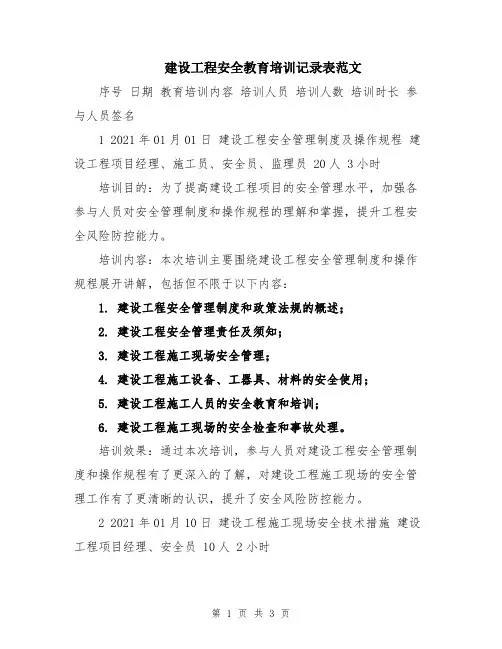 建设工程安全教育培训记录表范文