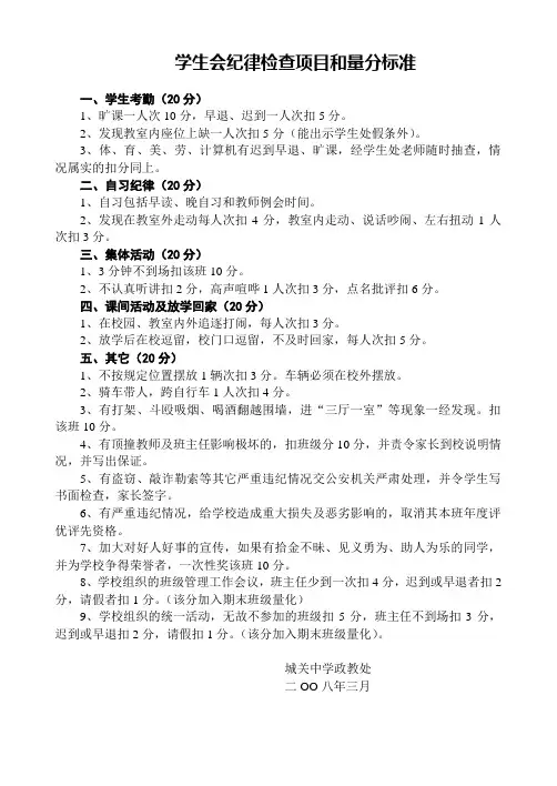 学生会纪律检查项目和量分标准