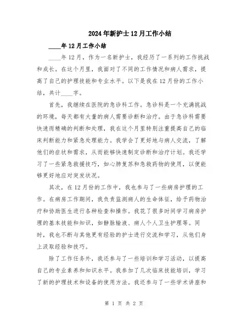 2024年新护士12月工作小结