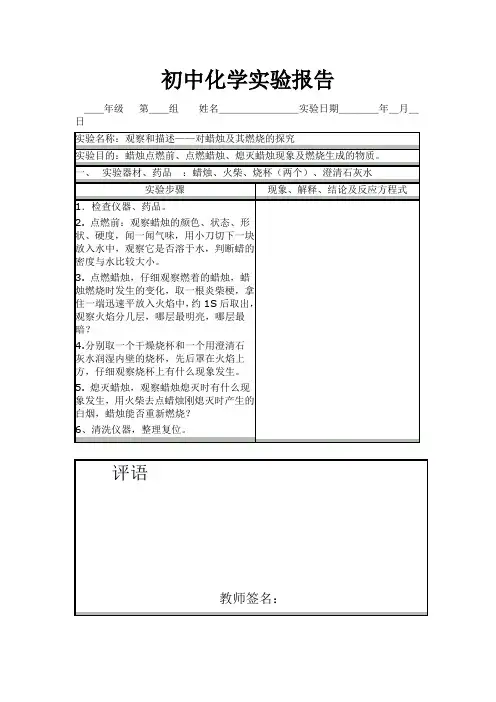 初中化学实验报告1
