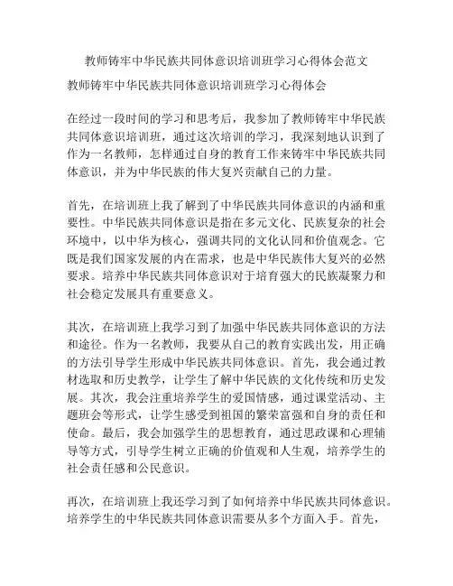 教师铸牢中华民族共同体意识培训班学习心得体会范文