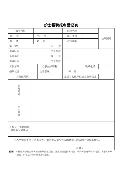 招聘护士报名登记表