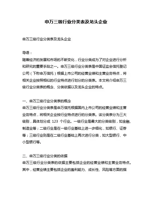申万三级行业分类表及龙头企业