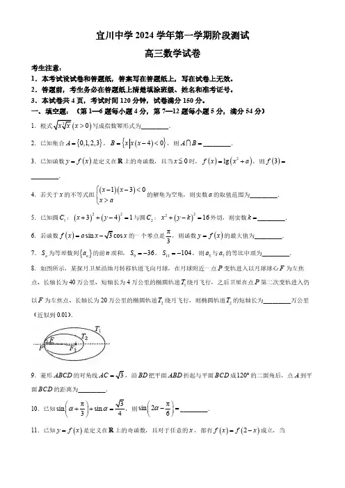 上海市宜川中学2024-2025学年高三上学期数学阶段测试数学试卷(无答案)