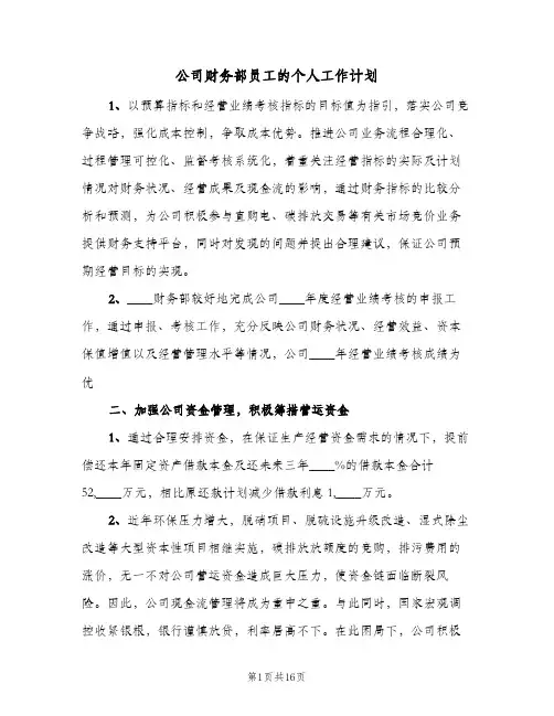 公司财务部员工的个人工作计划（五篇）