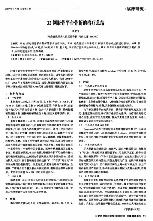 32例胫骨平台骨折的治疗总结
