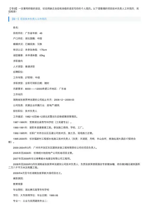 项目技术负责人工作简历