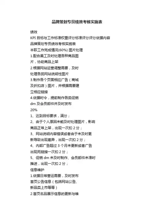 品牌策划专员绩效考核实施表
