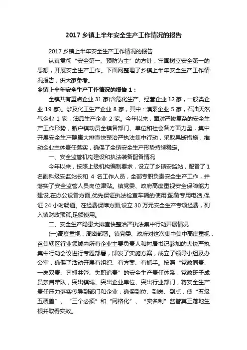 2017乡镇上半年安全生产工作情况的报告