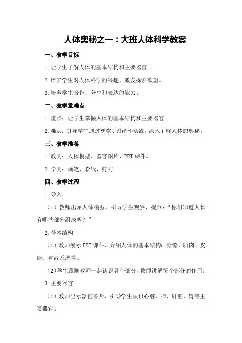 人体奥秘之一：大班人体科学教案