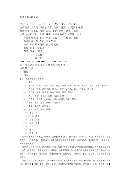 蔬菜水果含糖量表
