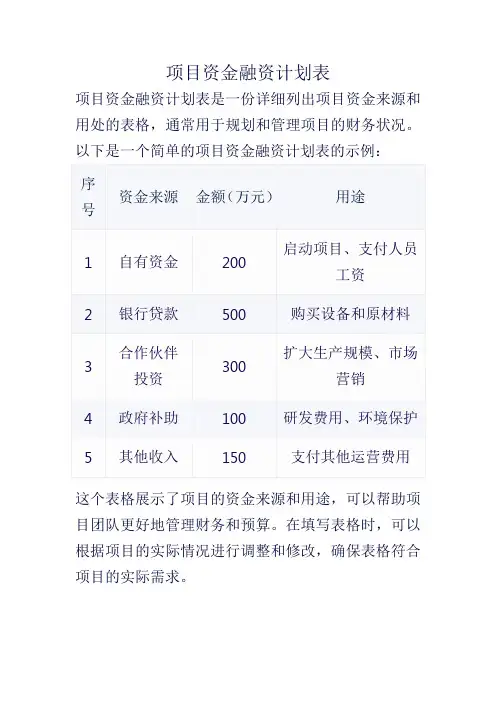 项目资金融资计划表