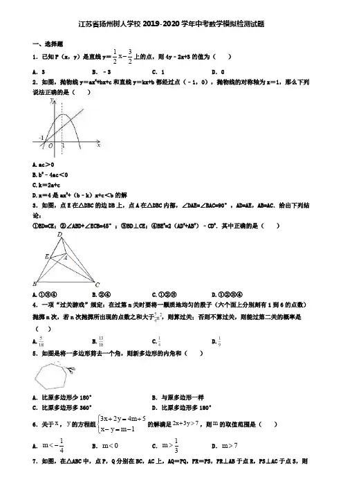 江苏省扬州树人学校2019-2020学年中考数学模拟检测试题