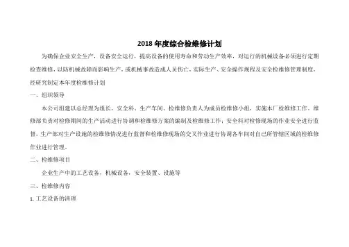 2018年度综合检维修计划