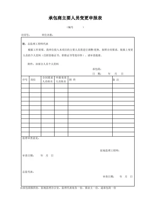 承包商主要人员变更申报表