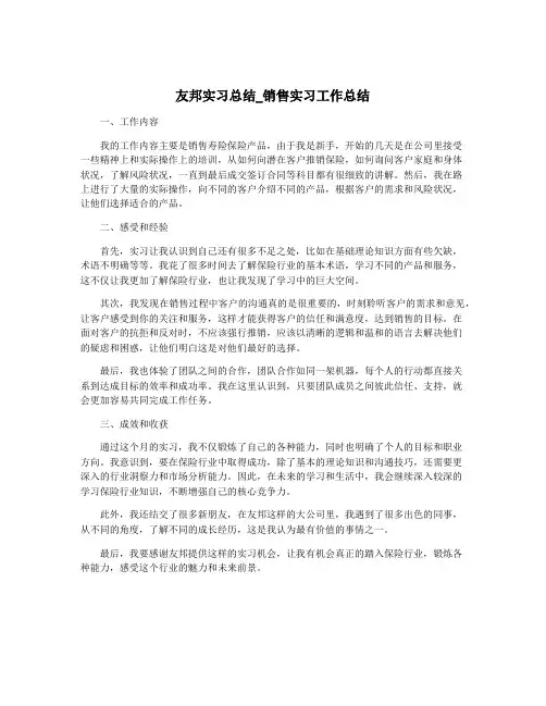 友邦实习总结_销售实习工作总结