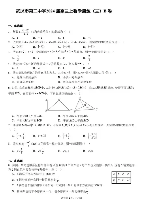 湖北省武汉市第二中学2023-2024学年高三上学期数学周练(三)B卷