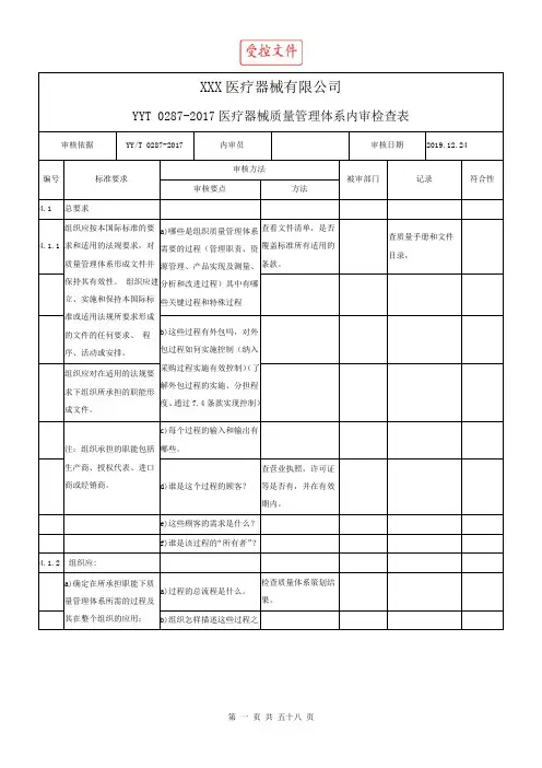 YYT 0287-2017医疗器械质量管理体系内审检查表
