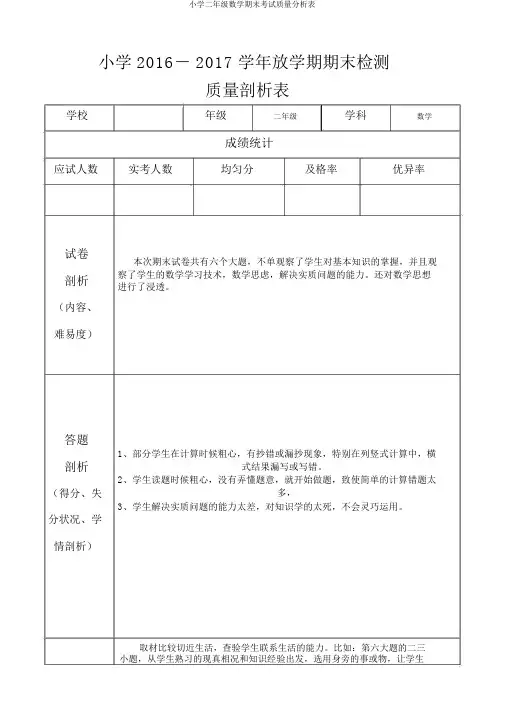 小学二年级数学期末考试质量分析表