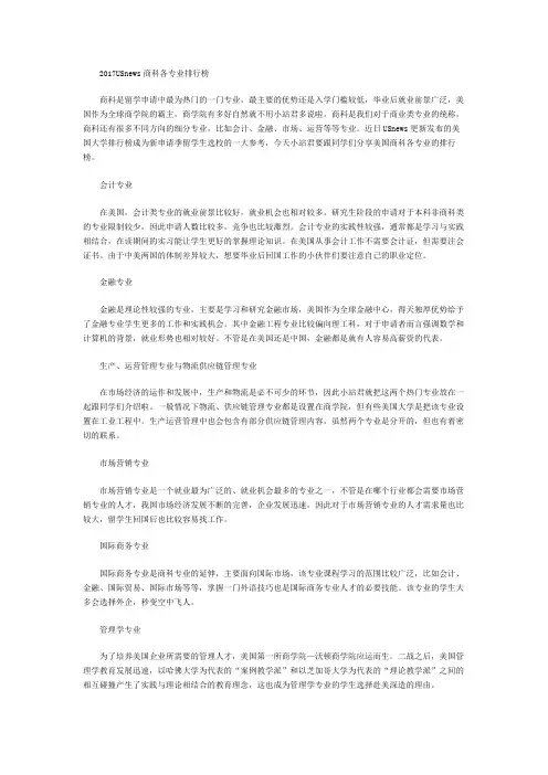 2017USnews商科各专业排行榜