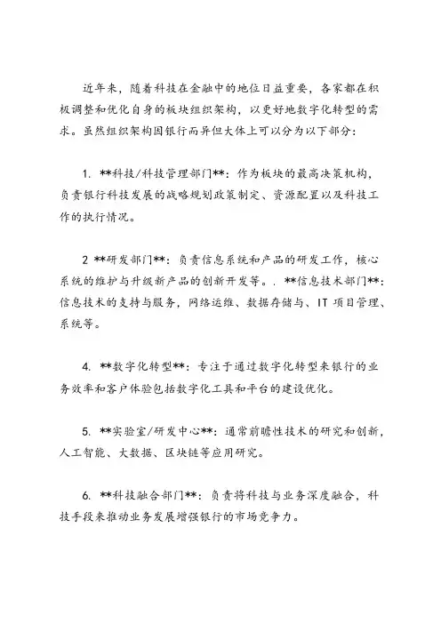 各银行科技板块组织架构