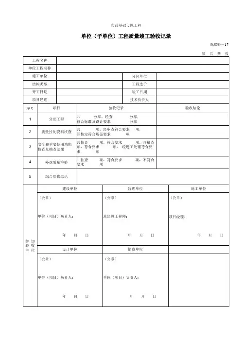 【工程常用表格】单位(子单位)工程质量竣工验收记录