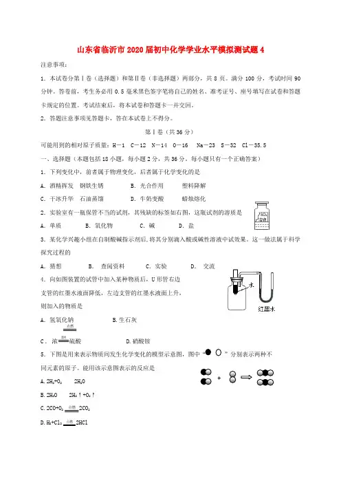 山东省临沂市2020届初中化学学业水平模拟测试题4(无答案)