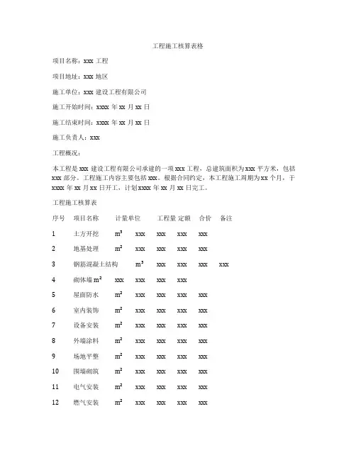 工程施工核算表格