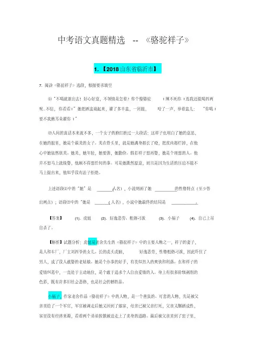 最新中考语文真题精选--《骆驼祥子》