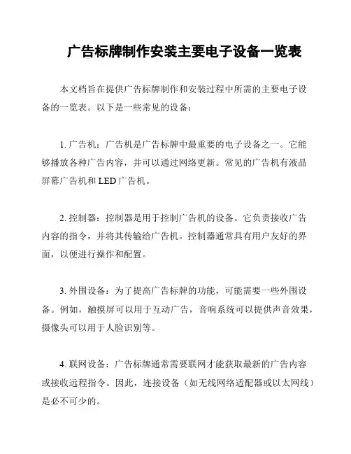广告标牌制作安装主要电子设备一览表