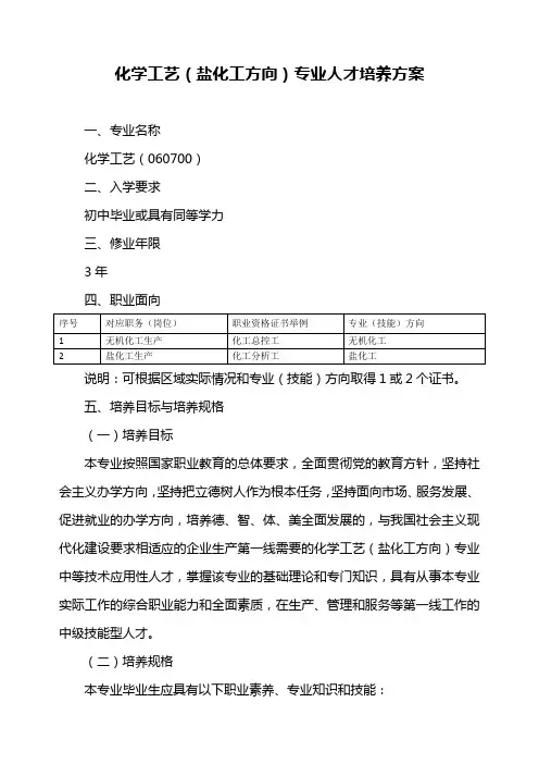 化学工艺(盐化工方向)专业人才培养方案