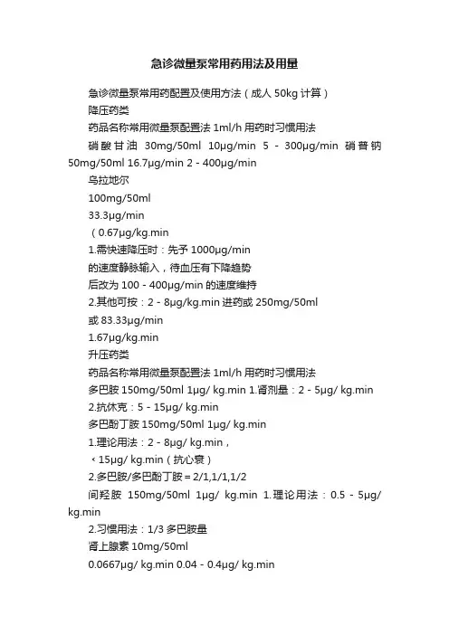 急诊微量泵常用药用法及用量