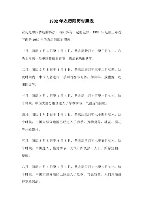 1982年农历阳历对照表