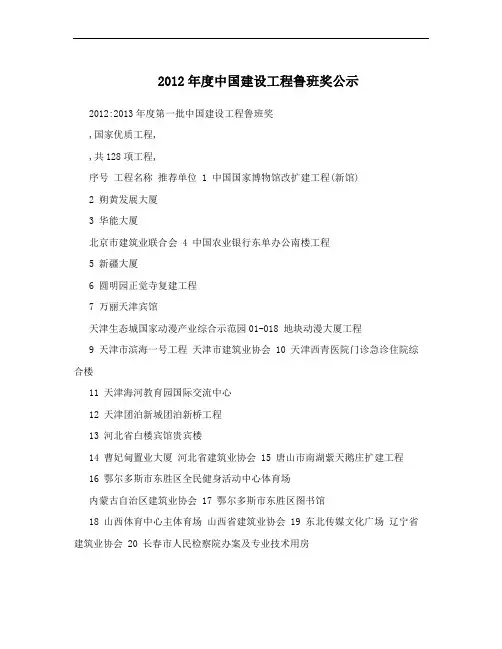 2012年度中国建设工程鲁班奖公示