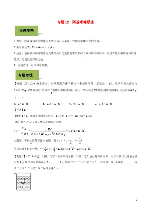 中考物理专题阿基米德原理含解析