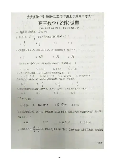 2020届黑龙江省大庆实验中学高三上学期期中考试数学(文)试题 扫描版