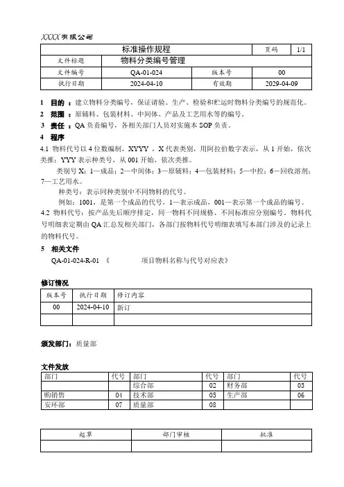 质量管理体系 物料分类编号管理