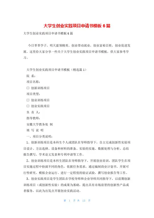 大学生创业实践项目申请书模板6篇