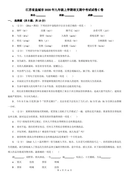 江苏省盐城市2020年九年级上学期语文期中考试试卷C卷