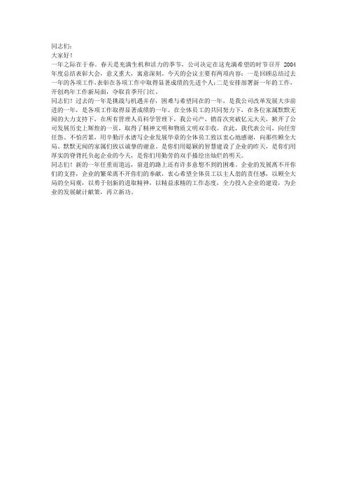 2010年公司总结表彰大会致辞