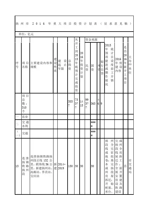 扬州市X年重大项目投资计划表